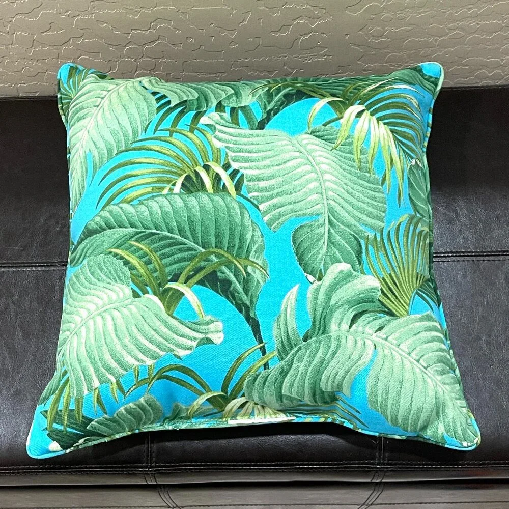 Tropical Vibe Indoor Outdoor Turquoise Blue Green Palm Leaf Throw Pillow Square